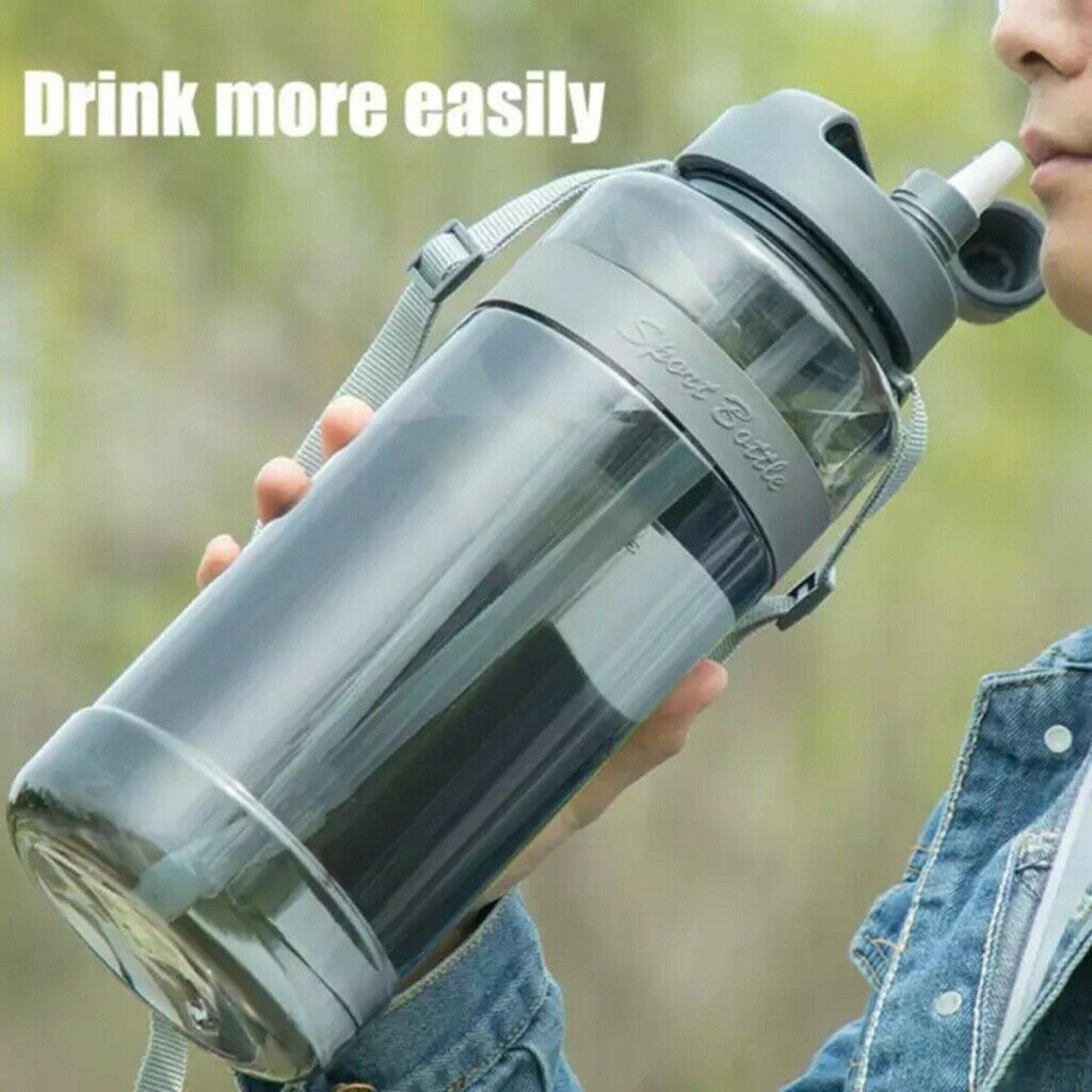 3L Sport Water Bottle Carrying Loop Gym Large Capacity Bottle Dual Straw Gray