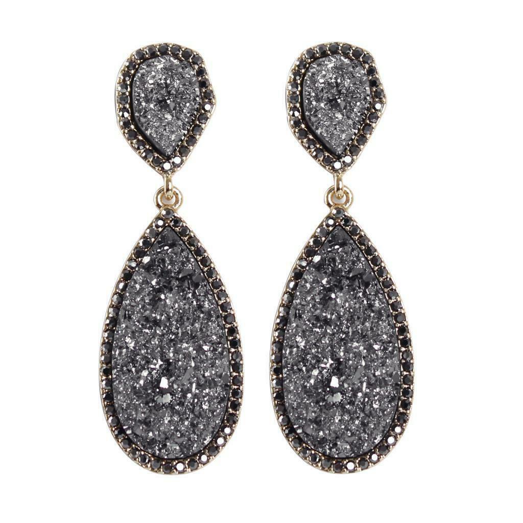 Full Prong Cubic Zirconia Birthstone Teardrop Bridal Dangle Earrings Gray