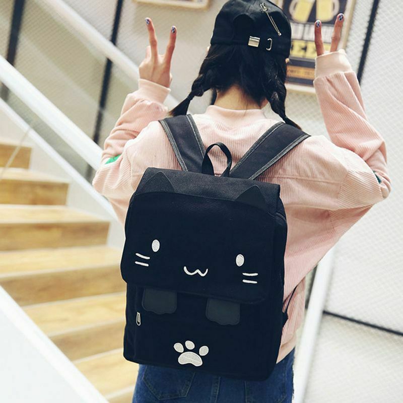 1X(fashion Cute Cat Embroidery Canvas Student bag Cartoons Women Backpack Le4L5)