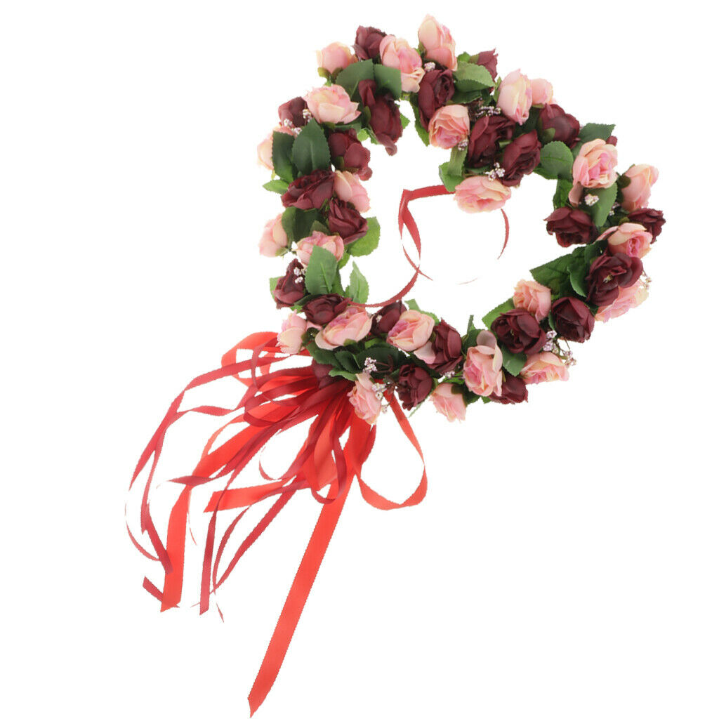 Artificial Rose Wreath Heart Shaped Wreath with Red Silk Ribbon, Wine Red Rose