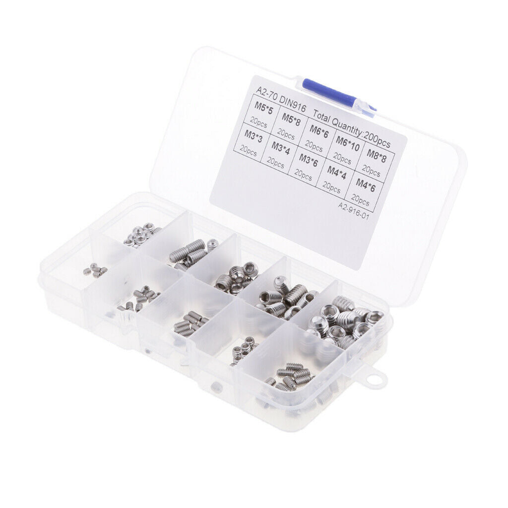 200pcs Headless Screw Hex Socket Assortment Kit M3-m8