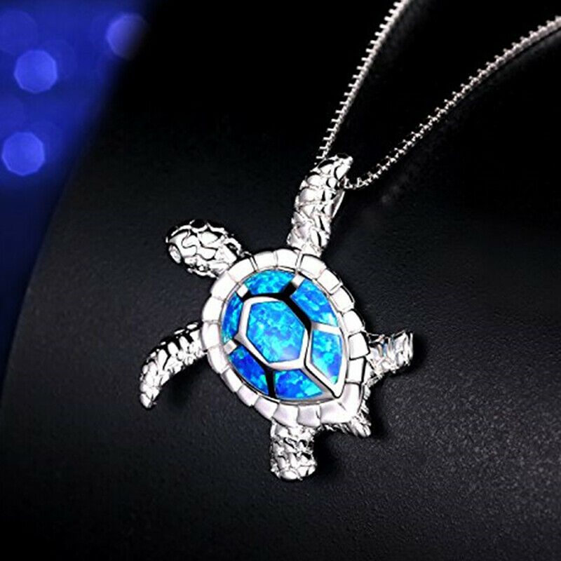 Blue Opal Sea Turtle Pendant Necklace Women Beach Chain Choker Jewellery Gift HN