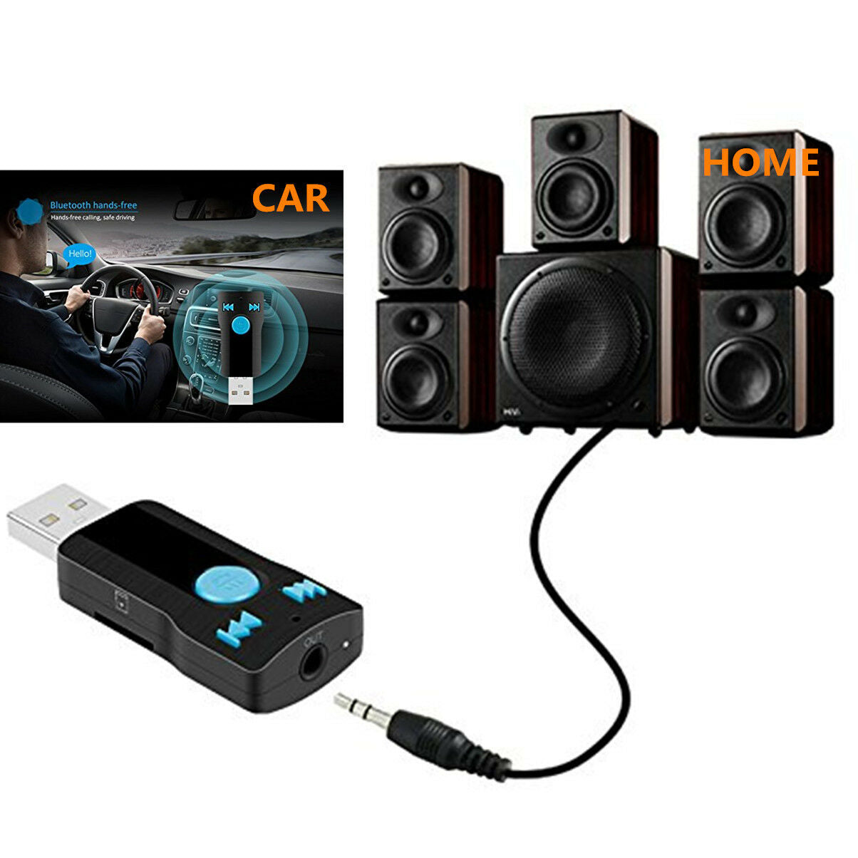Car/Home/Outdoor USB Bluetooth Receiver Adapter 3.5mm Receiver&Adapter Speakers
