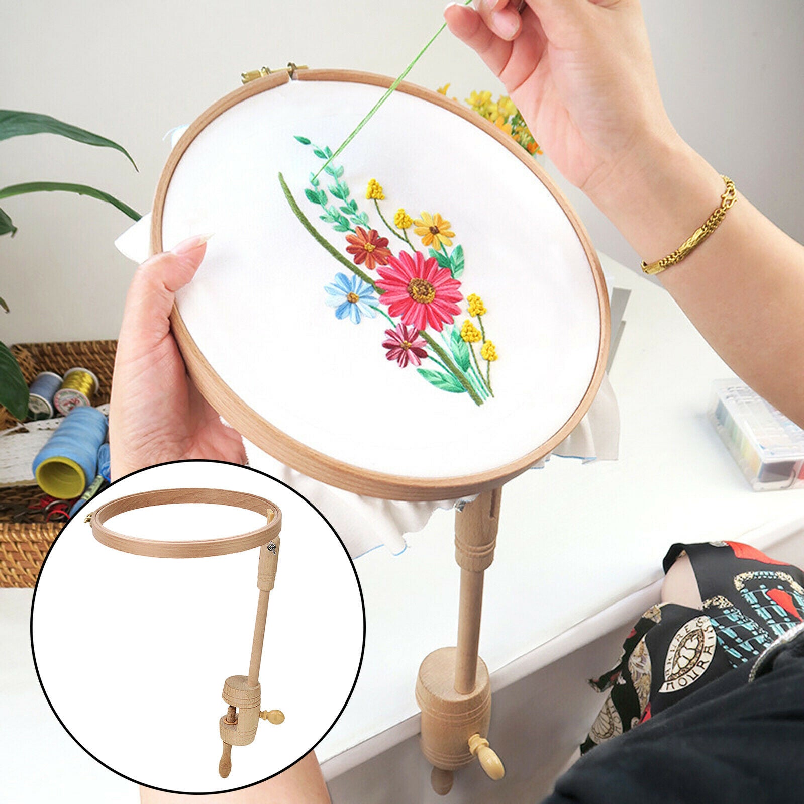 Embroidery Stand Rotated Natural Beech Wooden Adjustable Cross Stitch Lap Frame