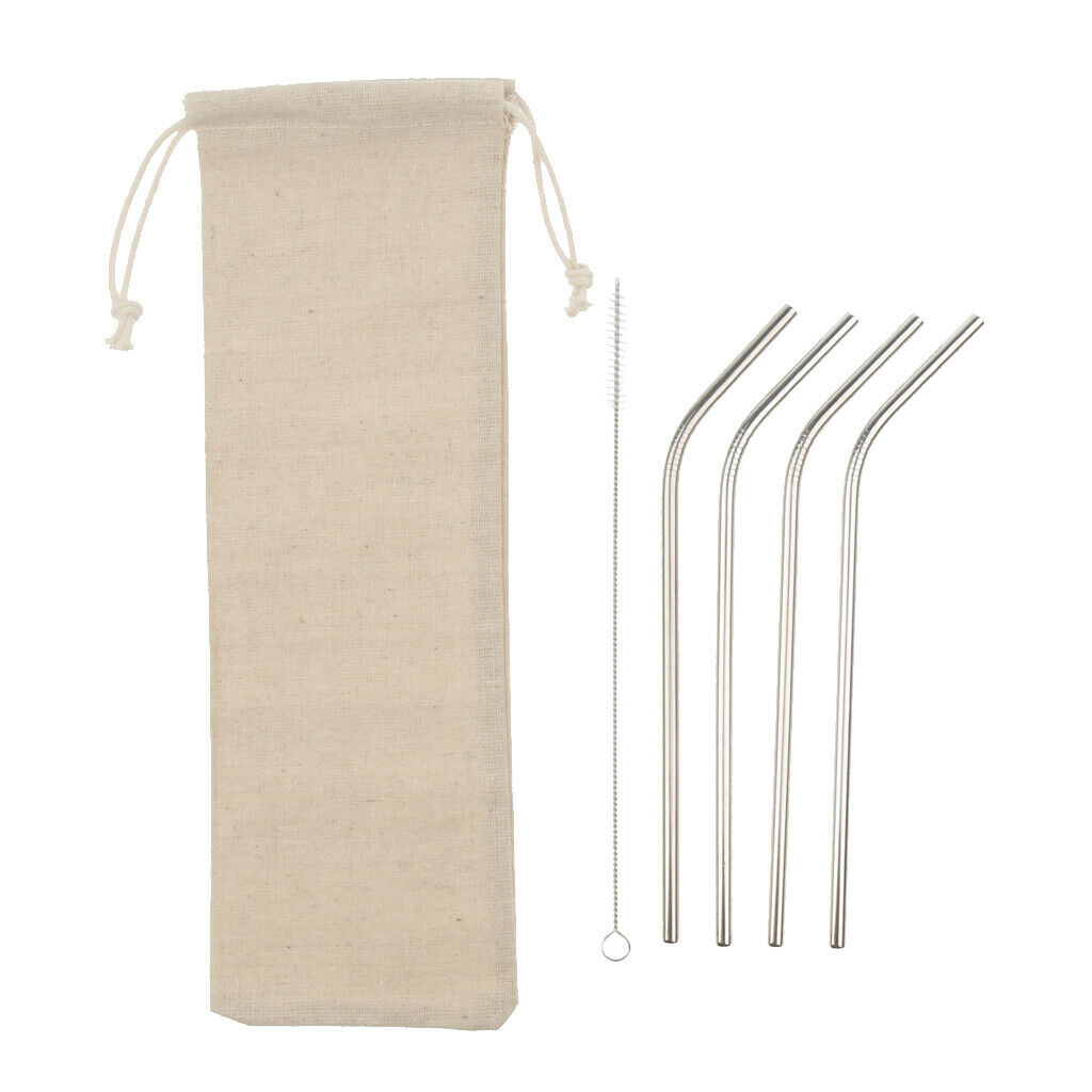 4 Pcs Reusable Bent Stainless Steel Straws Environmentally Friendly & Brush