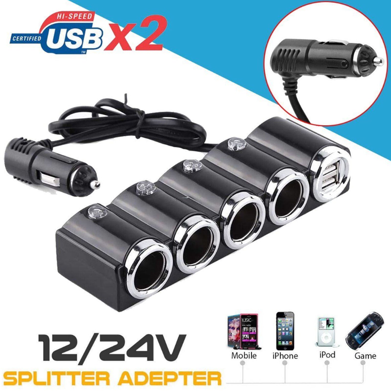 4 way Lighter Socket Splitter 12V Dual USB Charger Power Adapter Car y