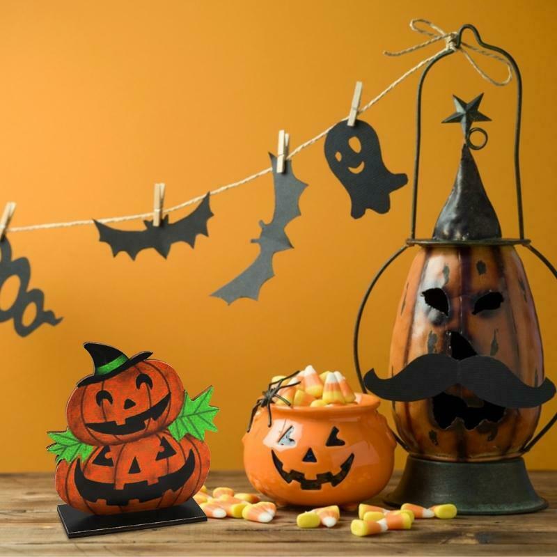 Cartoon Pumpkin Witch Hat Wooden Sign Halloween Table Topper Decoration Ornament