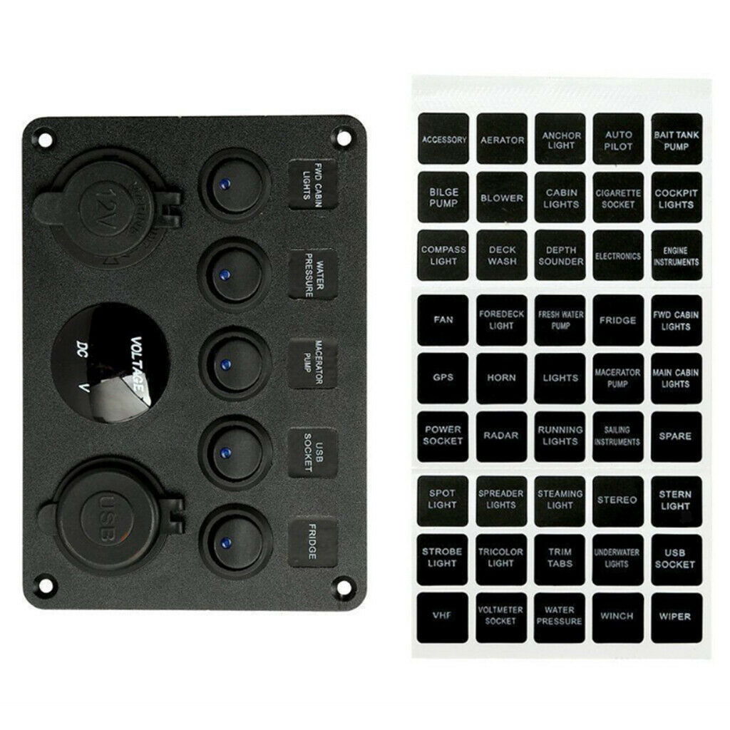 5 Gang LED Rocker Control Panel Switch Circuit Charger 12/24V-Yacht RV Car