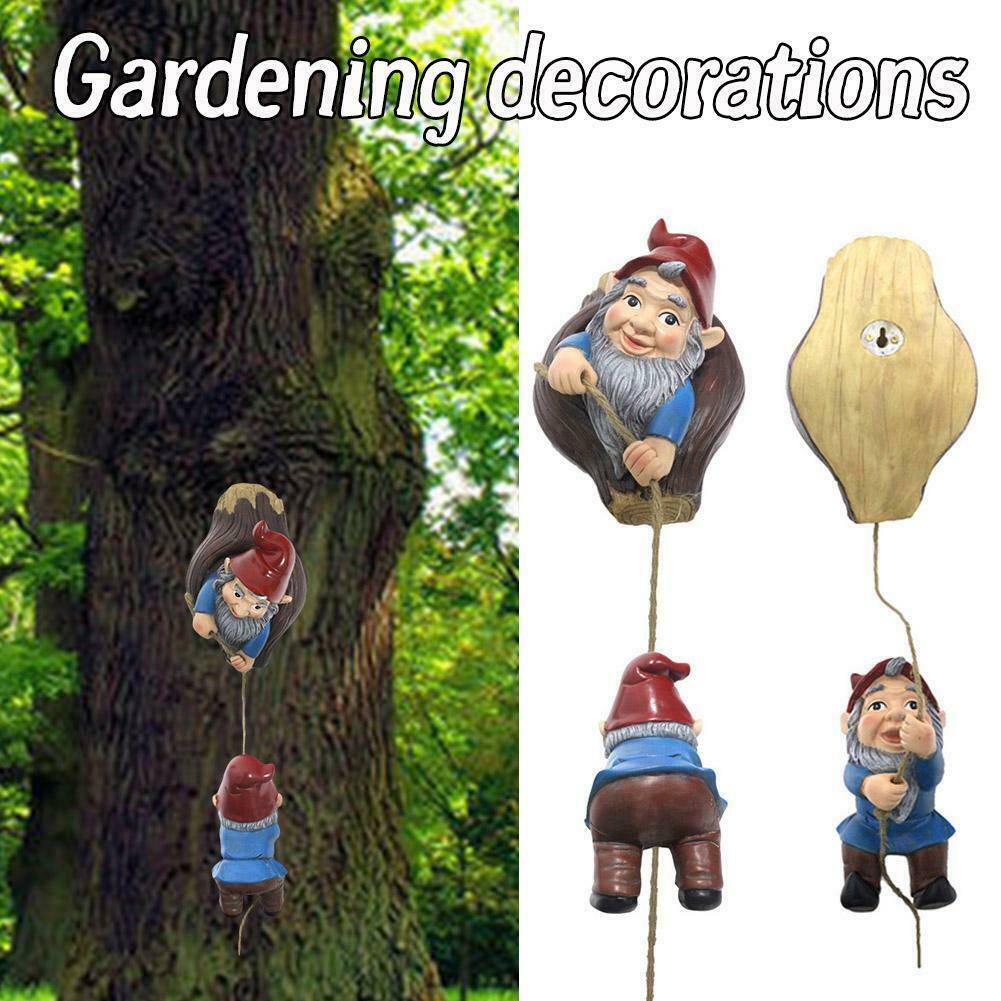 Garden Sculpture Cartoon Dwarf Climbing Tree Hanging Ornaments Tree Decor .