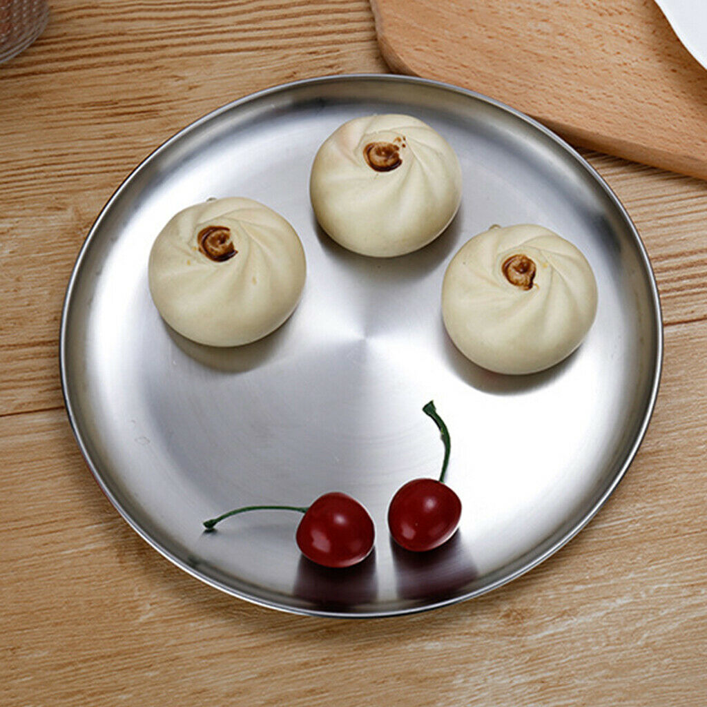 4Pcs Stainless Steel Round  Serving Tray Plate Fruit Food Dessert,