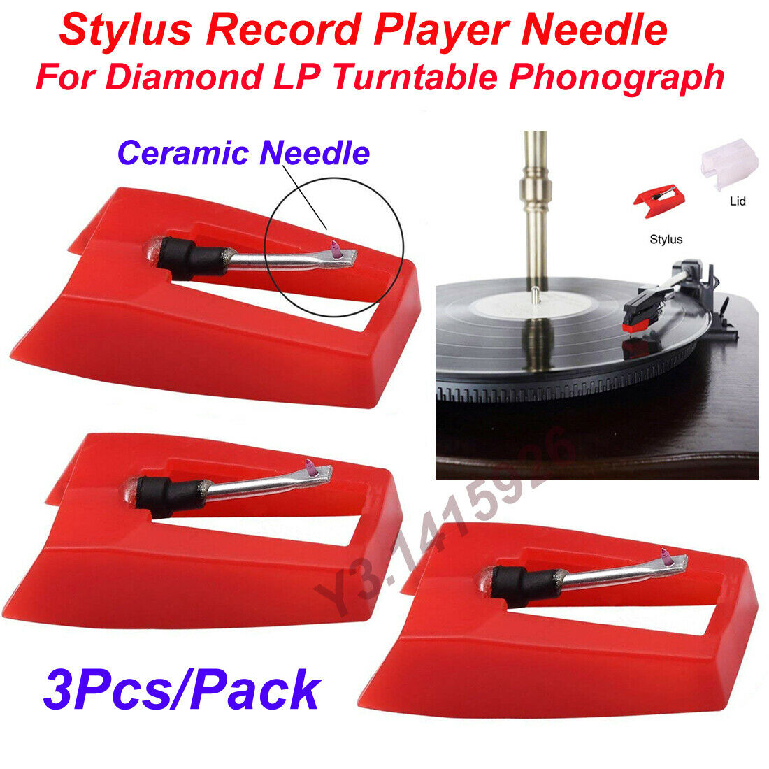 3Pcs Diamond Replacement Stylus Record Player Needle For LP Turntable Phonograph