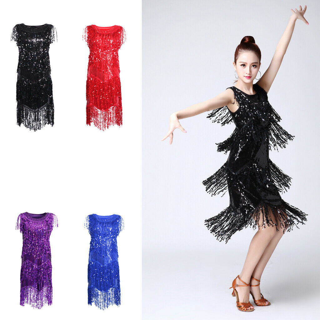 Women Latin Tango Ballroom Dance Costume Sequins Tassel Skirt L Black