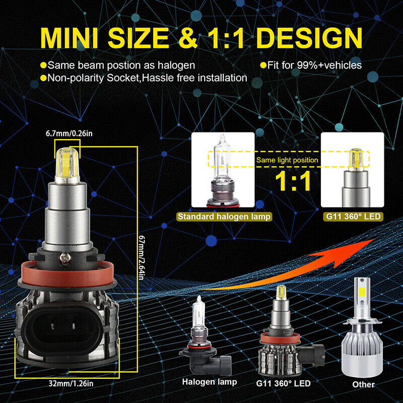 2Pcs 48 Chips 4 Sides H8/9/11 LED Lamp Car Headlight Bulbs 360 Degree 60 JY