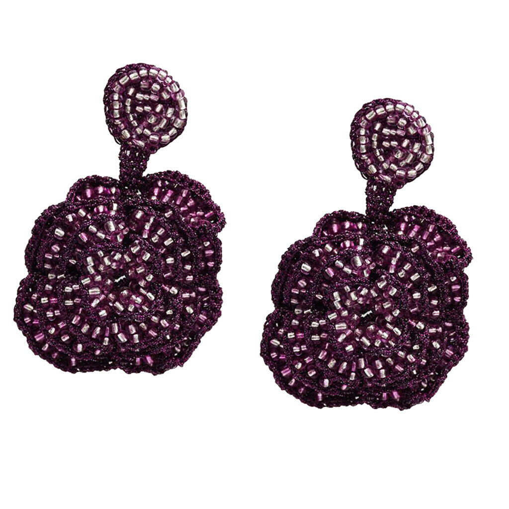 Exaggerated Rose Flower Dangle Earrings Beads Exquisite Studs Jewelry Purple