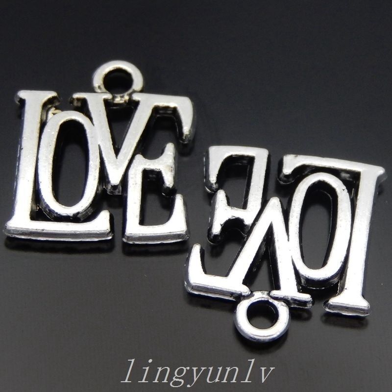 40 pcs Antiqued Sliver Love Word Charm Alloy Bracelet Pendant Findings 14*13*2mm