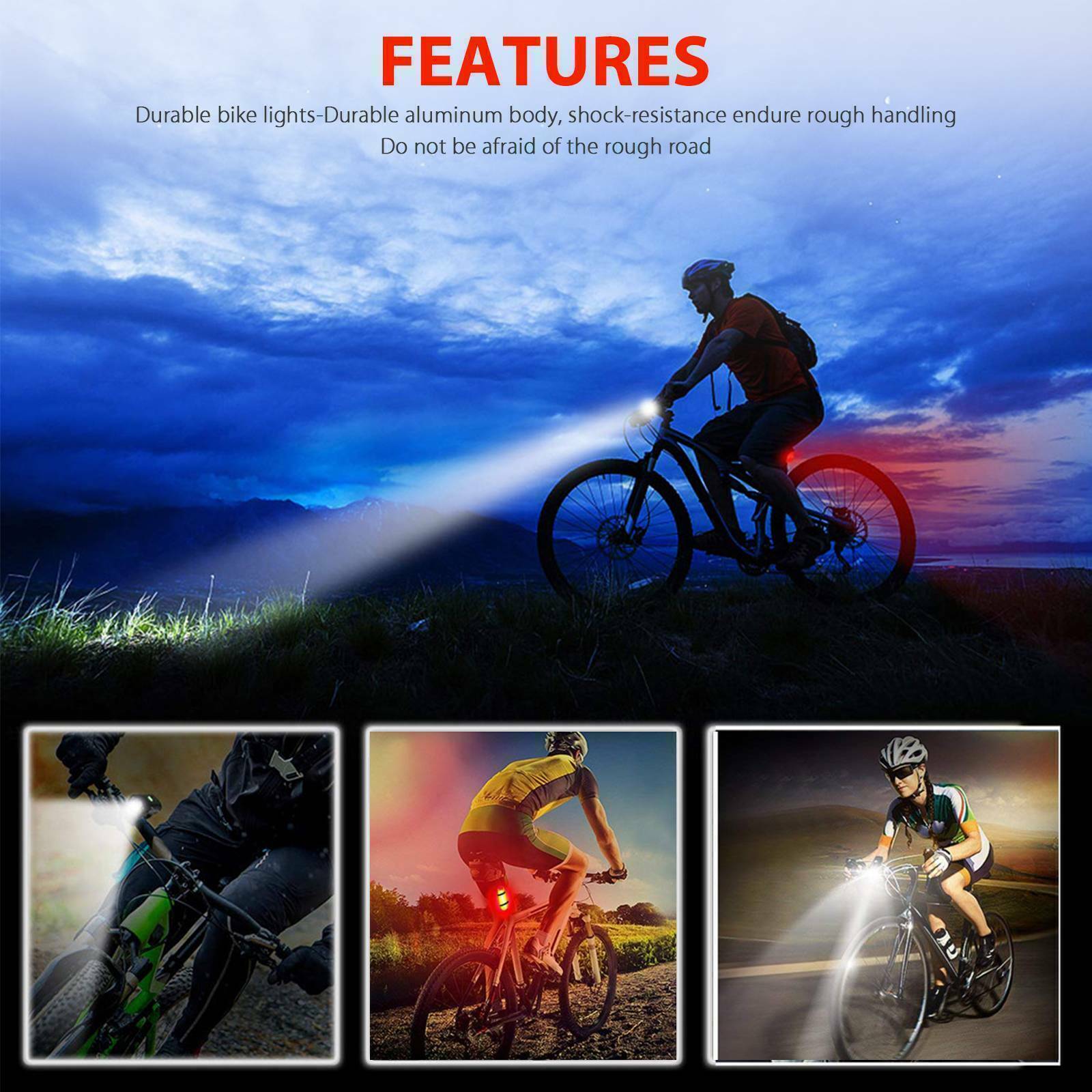USB Rechargeable LED Headlight Bike Head Light Front Rear Lamp Cycling Bicycle ~