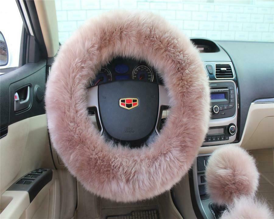 3Pcs Car Steering Wheel Covers Handbrake Cover Kits Bean Paste Color Plush Wool