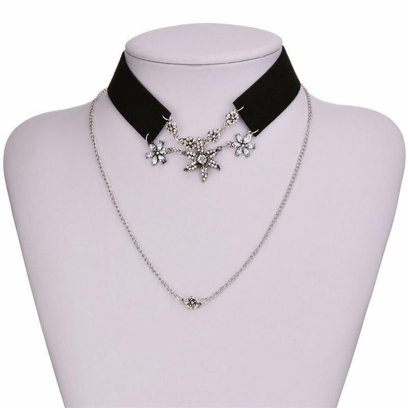 Double Chain Leather Collar Chain Choker Necklace Flower Crystal Pendant Jewelry
