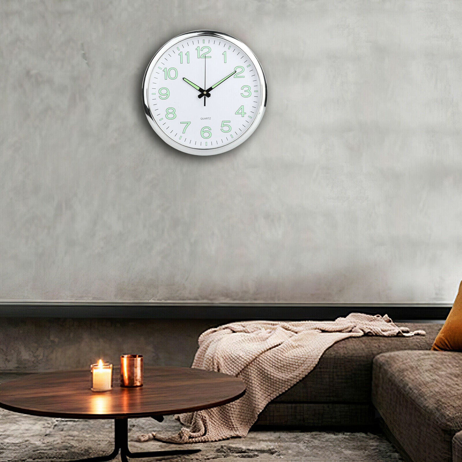 Luminous Wall Clock 12Inch Round Quartz Clocks Battery Operated Hotel Decor