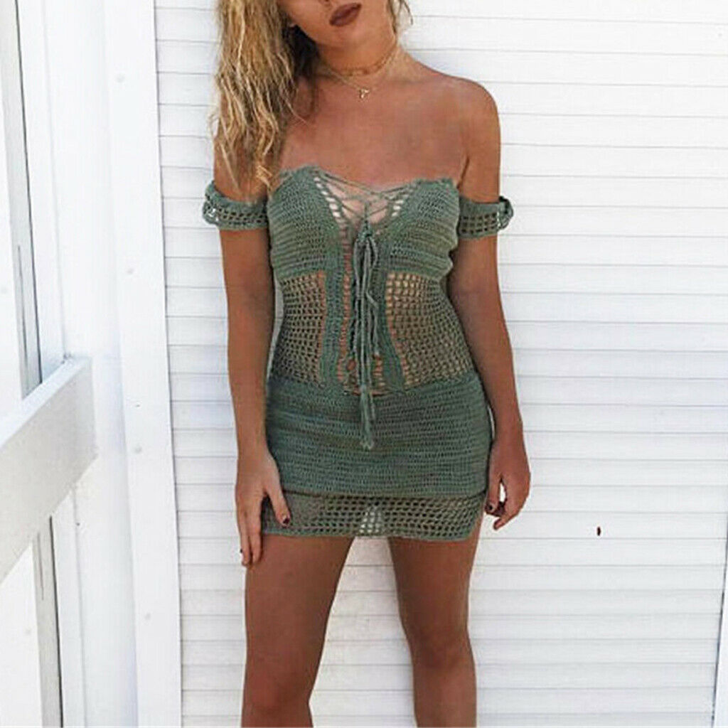 Women's Hollow Crochet Beach Dress Off-Shoulder Bikini Cover Up Dark Green