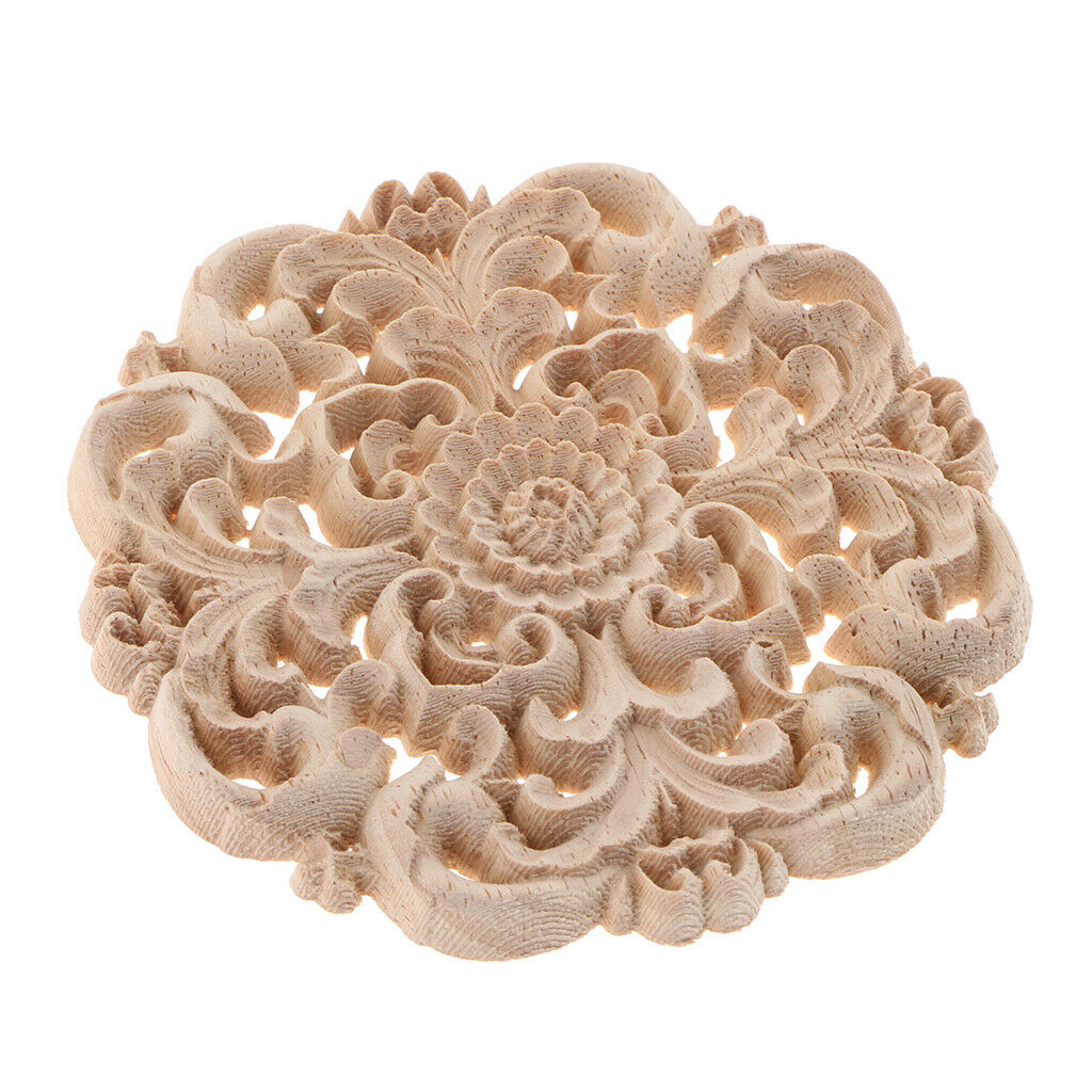 4Pcs Round Natural Wood Carved Flower Corner Onlay Applique Frame Unpainted