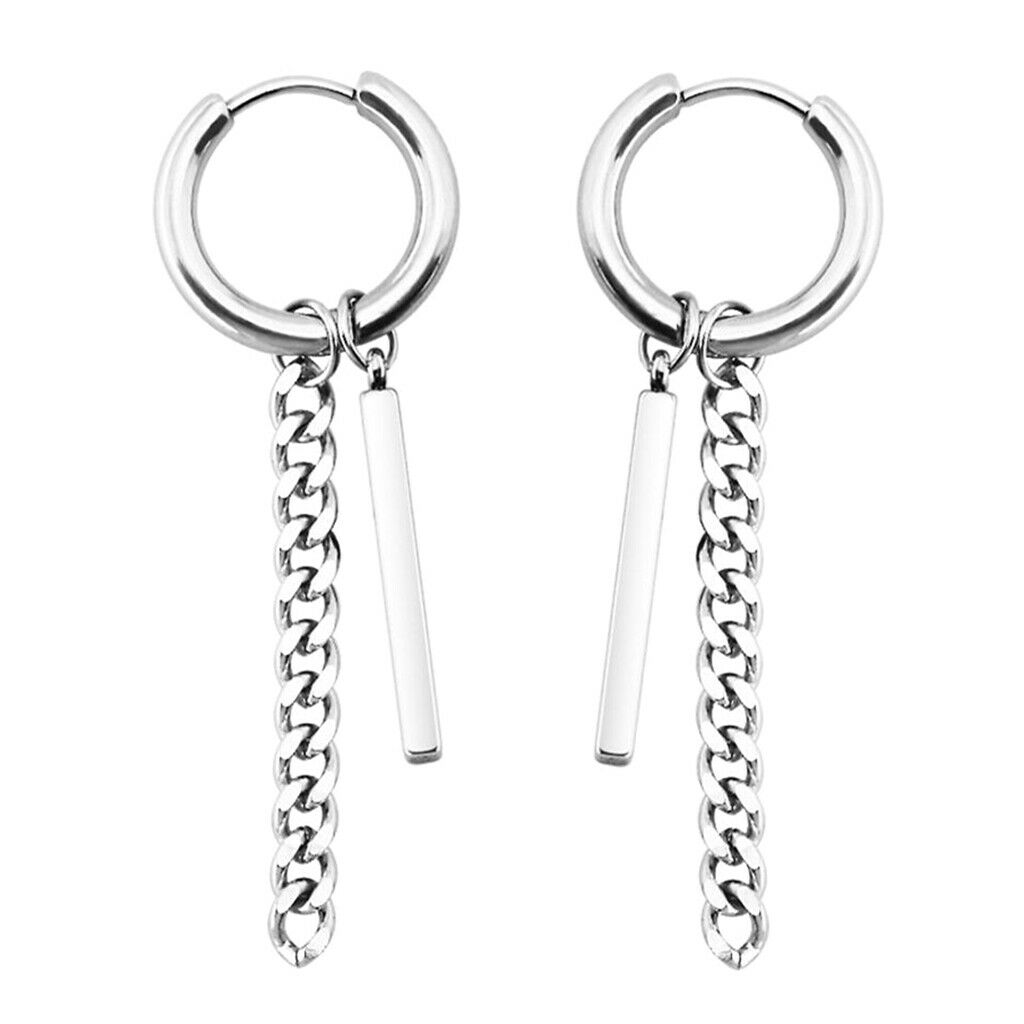 Prettyia Stainless Steel Hip Hop Bar Long Chain Dangle Earrings Tassel Studs
