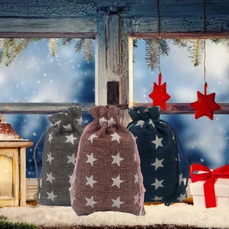 Stars Print 2021 Christmas Advent Calendar 24 Days Hanging Drawstring Candy Bags