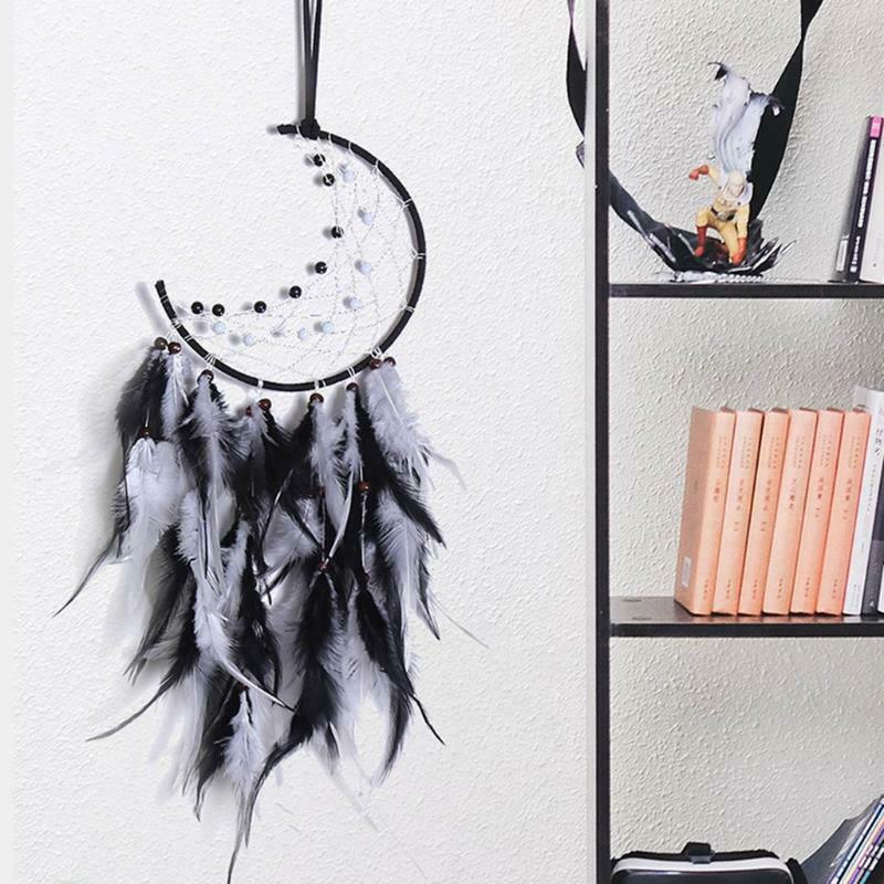 Moon Dream Catcher Handmade Feather Bead Wall Hanging Ornament for Kids Bedroom