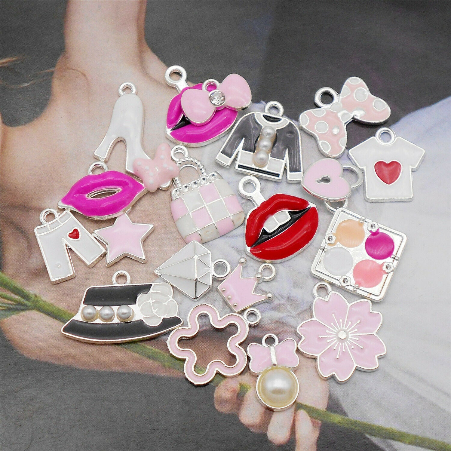 15PCS Enamel Plated Mixed Female Clothes Bag Makeup Charms Pendant DIY Making