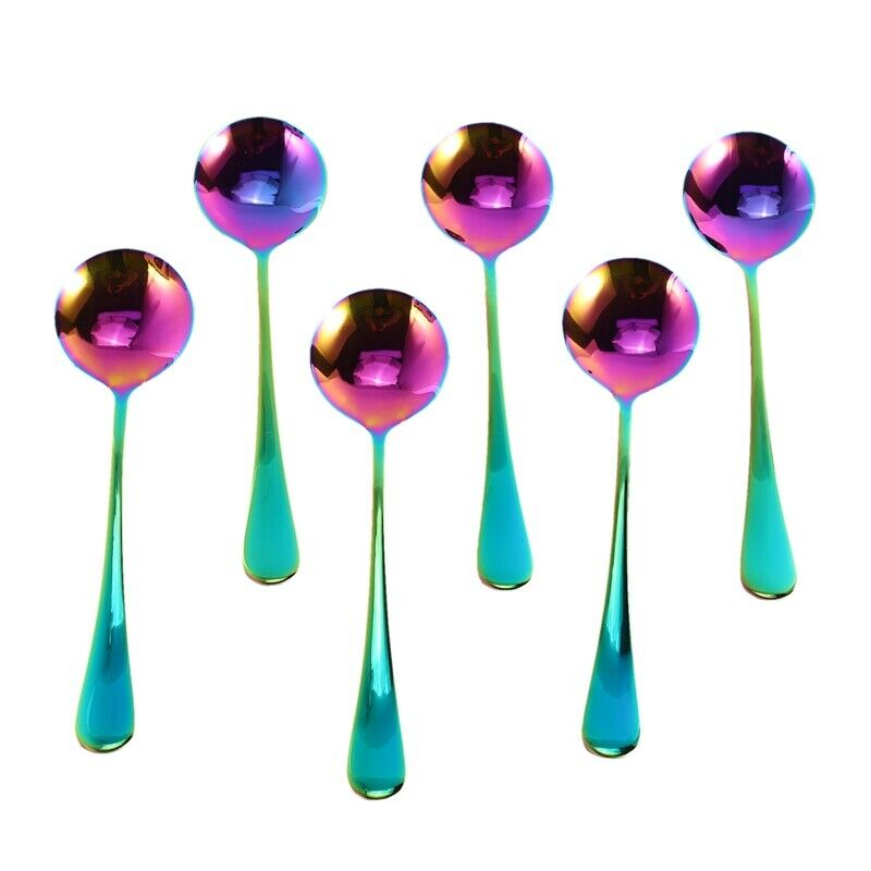 Rainbow Soup Spoons, Stainless Steel Round Spoons, Set of 6 (Soup Spoon) A1U7U7