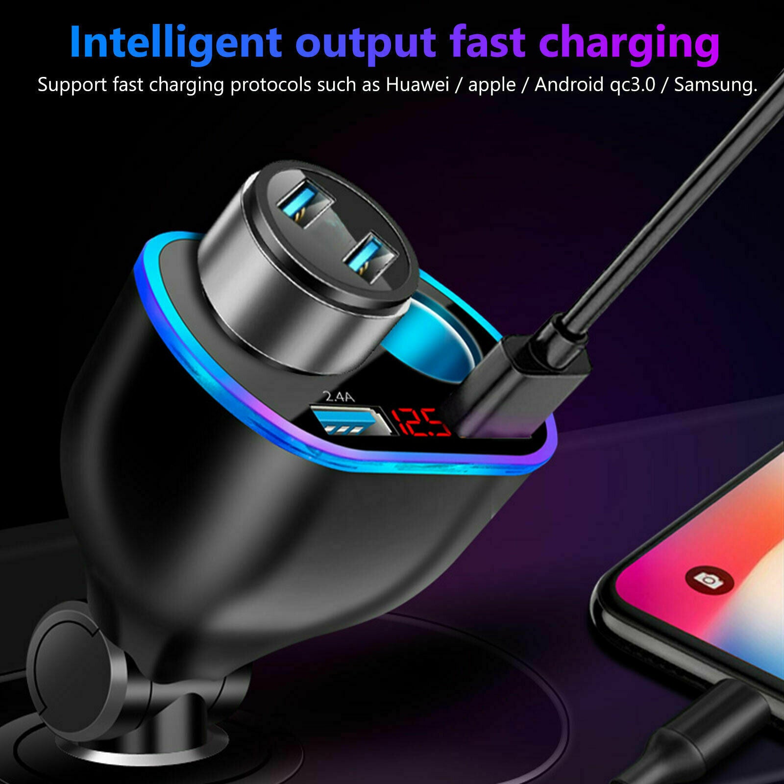 2 Way Car LED Lighter Socket Splitter Dual USB Charger Power Adapter LED