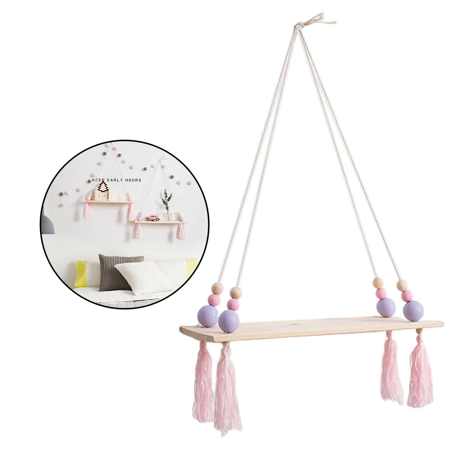 Wooden Wall Shelf Rope Hanging Floating Shelf Flower Pot Stand Purple Bead