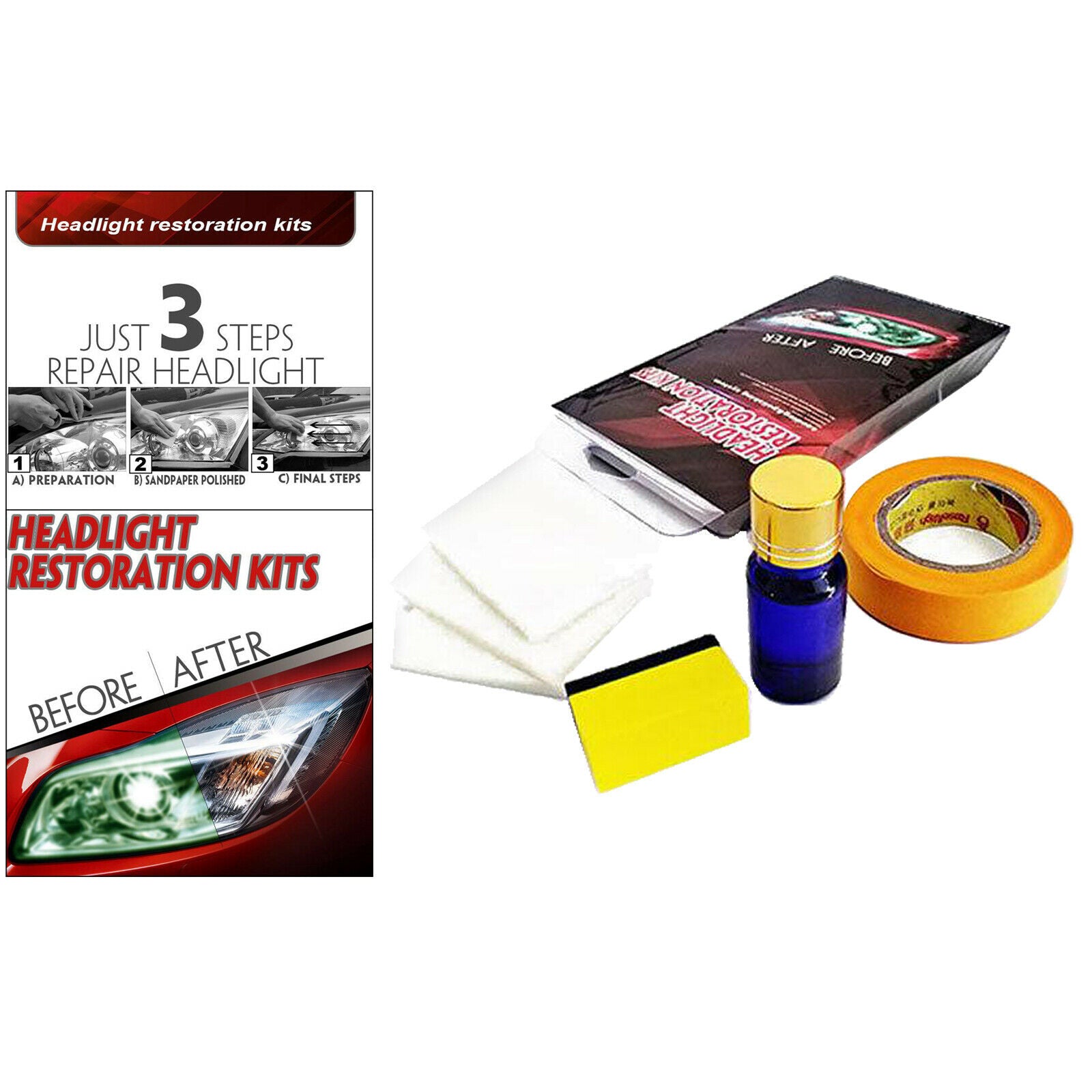 Car Headlight Restoration Kit Headlight Cleaner Set 3 Simple
