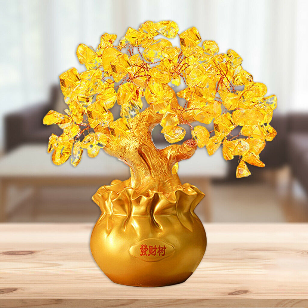 Crystal Money Tree Lucky Tree Feng Shui Ornament for Home Office Golden