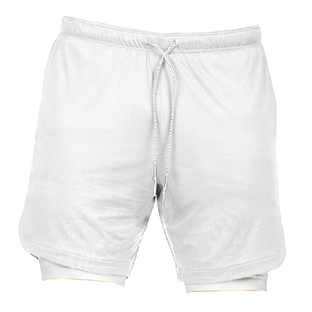 Men 2 in 1 Running Shorts Built In Base Layer Pants Pocket White XL