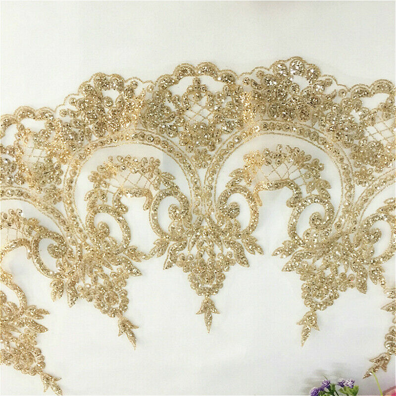 Glitter Fabric Floral Border Trim DIY Sewing Craft Shiny Wedding Dress Curtain