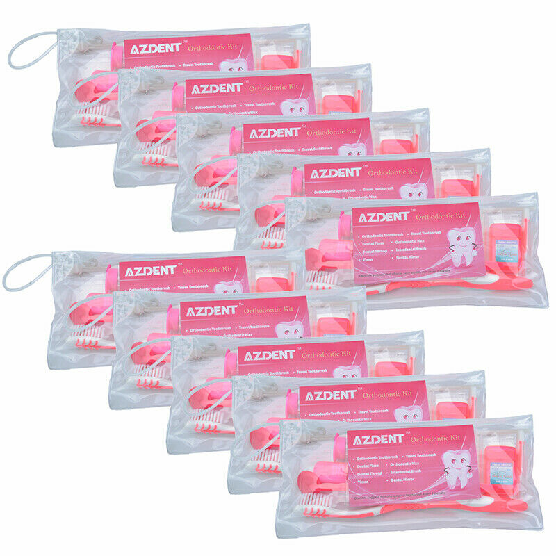 10X Dental Ortho Toothbrush Interdental Brush Floss Mirror Wax Traction RED Kit