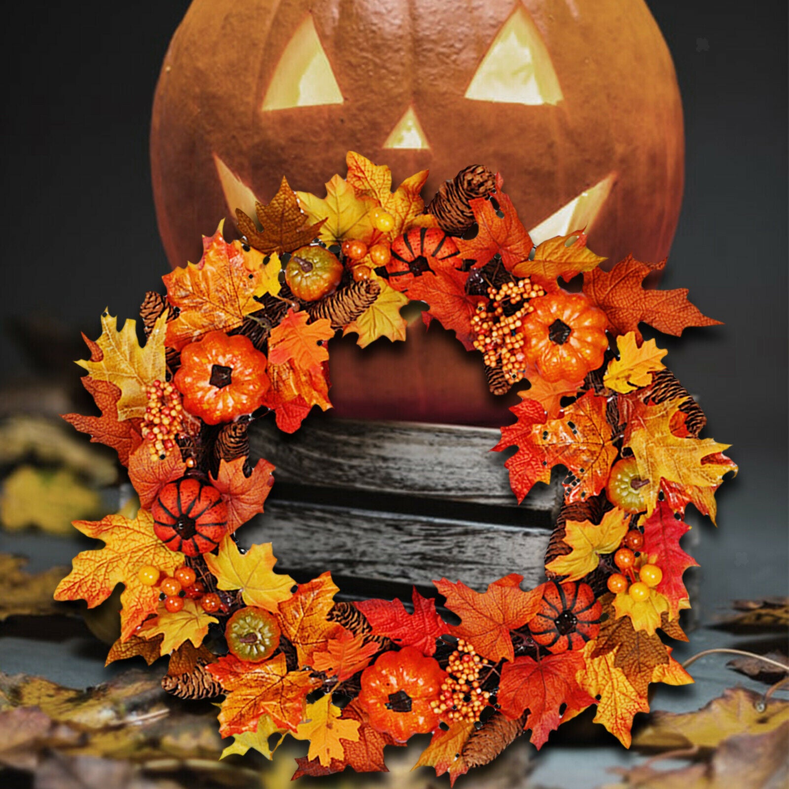 40cm Fall Harvest Wreath Pumpkin Berry Garland Door Halloween Thanksgiving