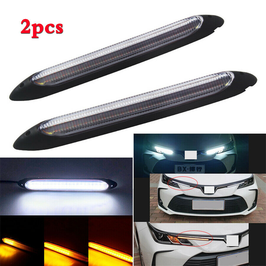 2x 27.5cm Car Headlight Strip Sequential Flow Yellow Turn Signal White DRL Light