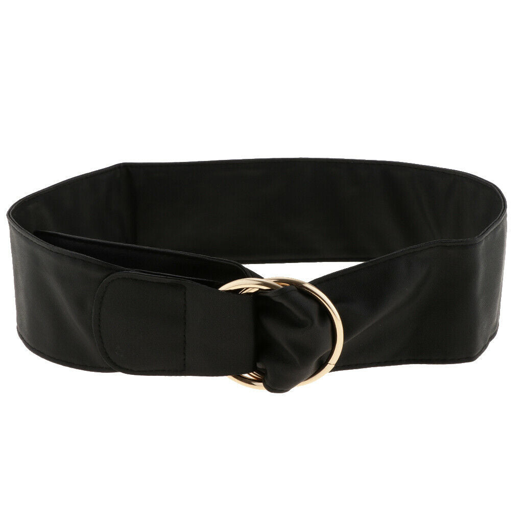 Women Girdle Double Round Buckle Waistband Retro PU Leather Belly Belt Black