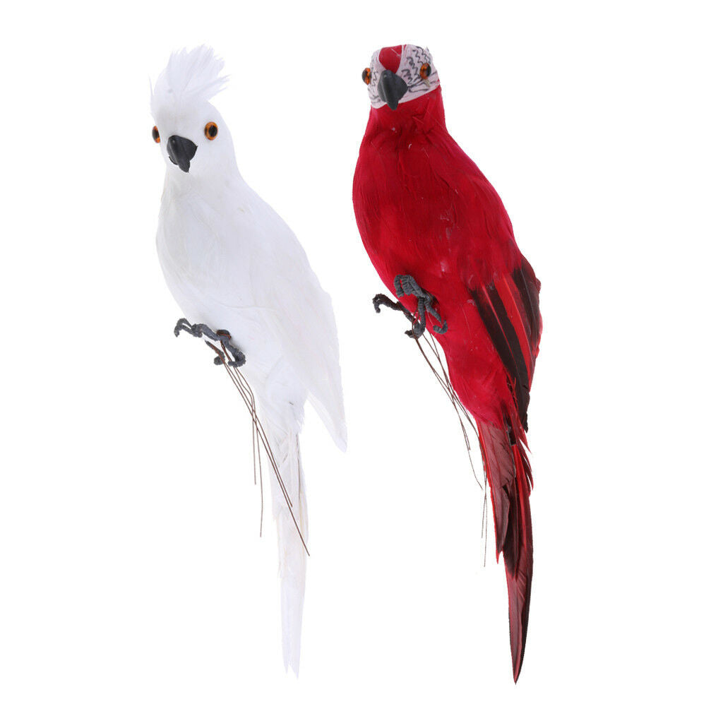 2x Red & White Parrot Statue Ornament Tree Standing Animals Sculpture Decor