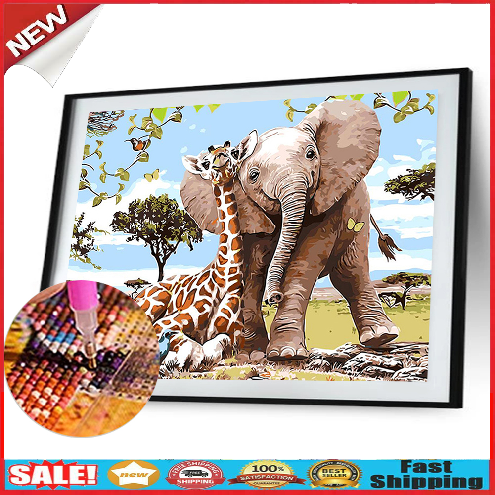 Giraffe Elephant 5D DIY Full Drill Round Rhinestones Painting Embroidery @