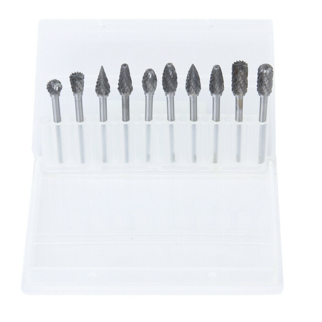 10Pcs Mixed Shape  Steel YG8 Carbide Rotary Burrs Set Diameter 3mm Shank