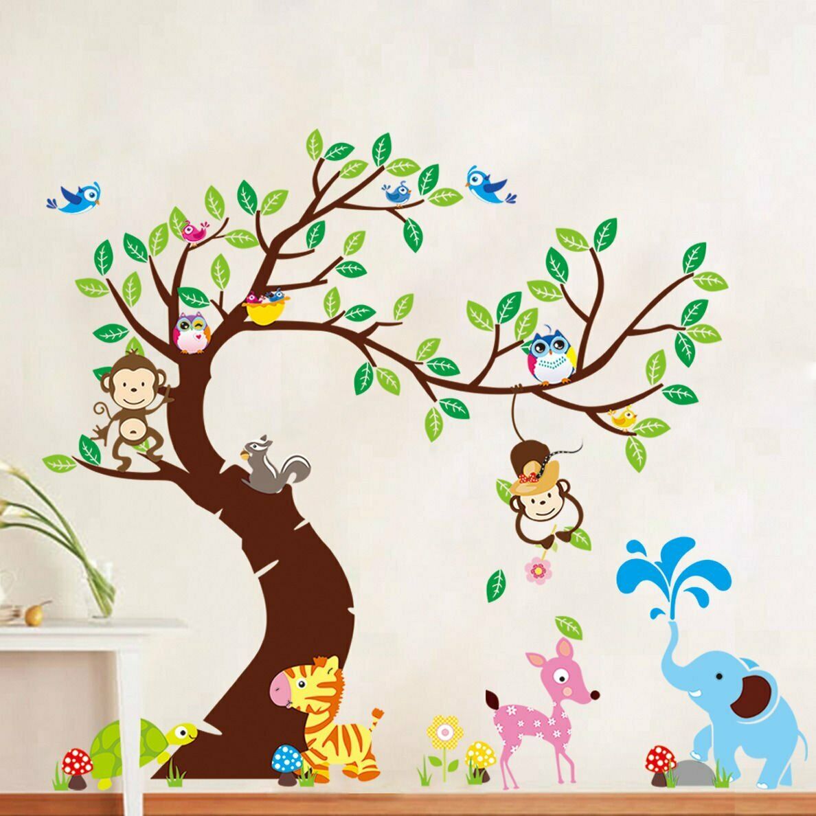Jungle Zoo Animals Paradise Tree Wall Stickers Kids Bedroom Decor Nursery Decals