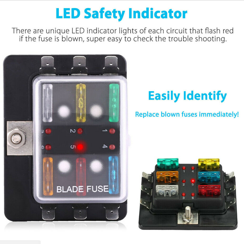 LED Safety Indictor Light Blade Fuse Box Circuit Fuse Block For Boat Car (6 Way)