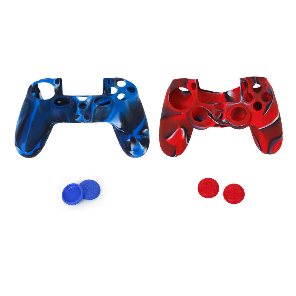 2 Silicone Skin Case Cover + 4 Joystick Thumbstick Caps Set for PS4 Controller