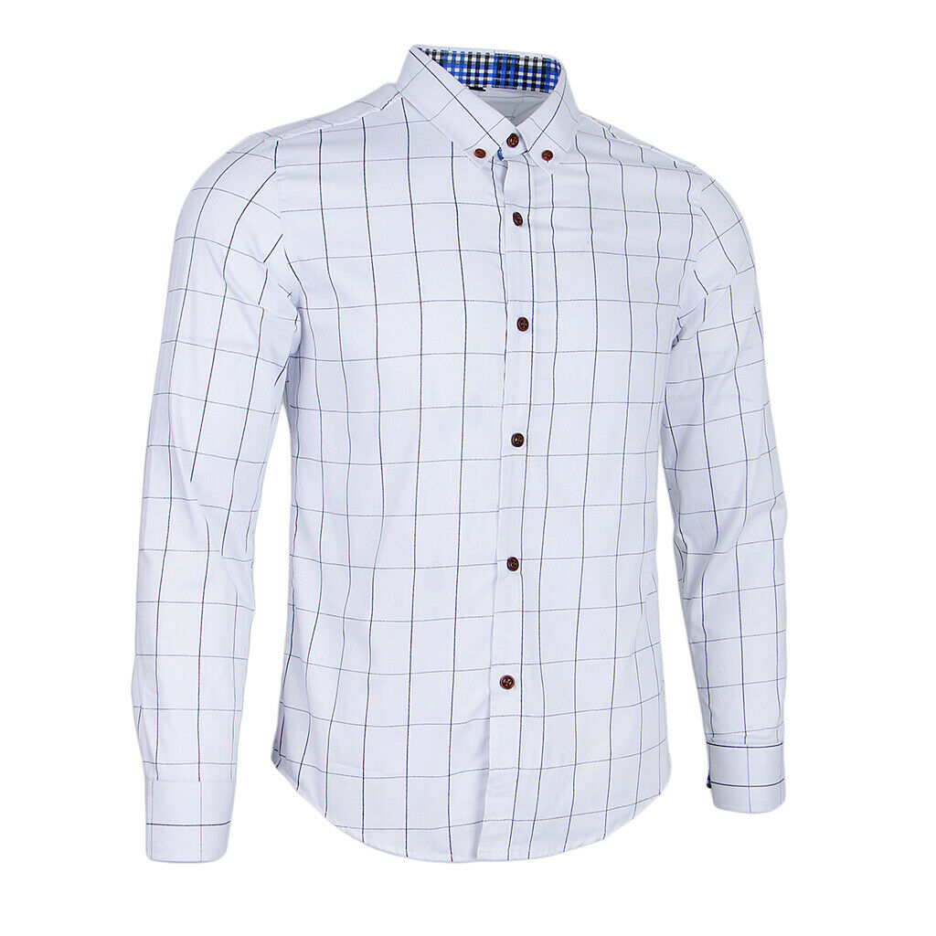 Mens Classical Plaid Print Shirt Cotton Causal Long Sleeve Shirt M White
