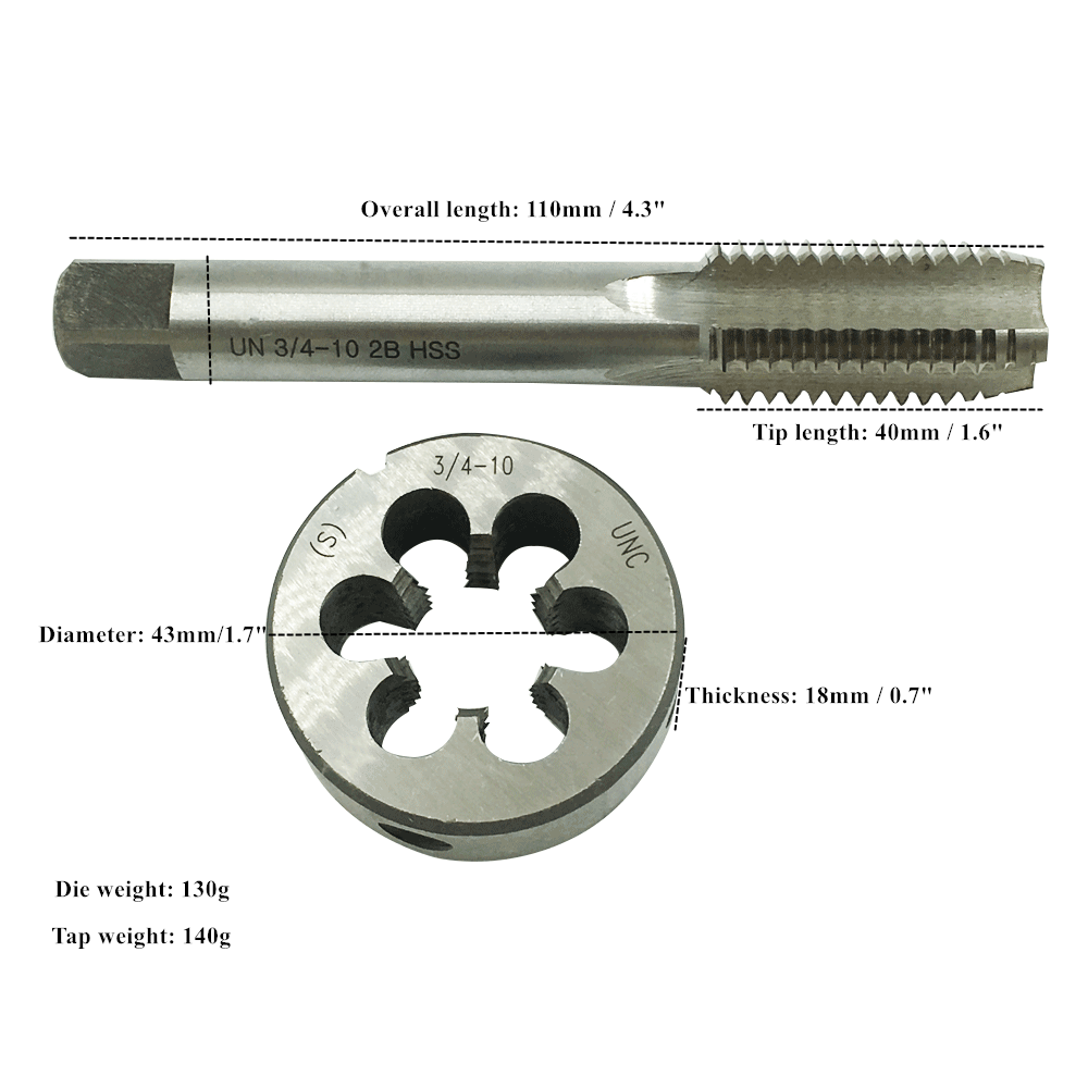 3/4-10 TPI Tap and Die Set HSS Right Hand Thread 3/4-10 UNC Tap 3/4-10 UNC Die