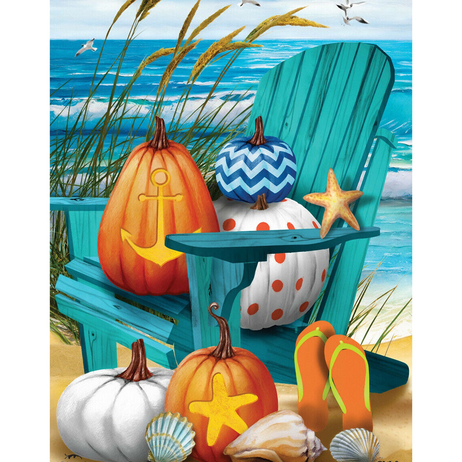 Fall At The Beach House Flag 28" x 40" Autumn Nautical Pumpkins Briarwood Lane